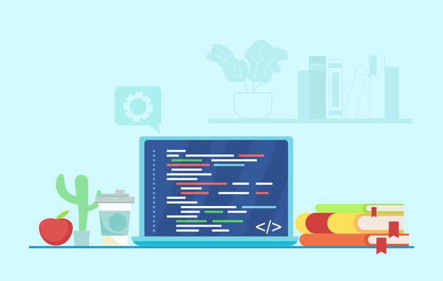 Programmer's workplace. Writing code on a laptop. On the table, coffee, books, snacks and cactus. Vector flat ilustration