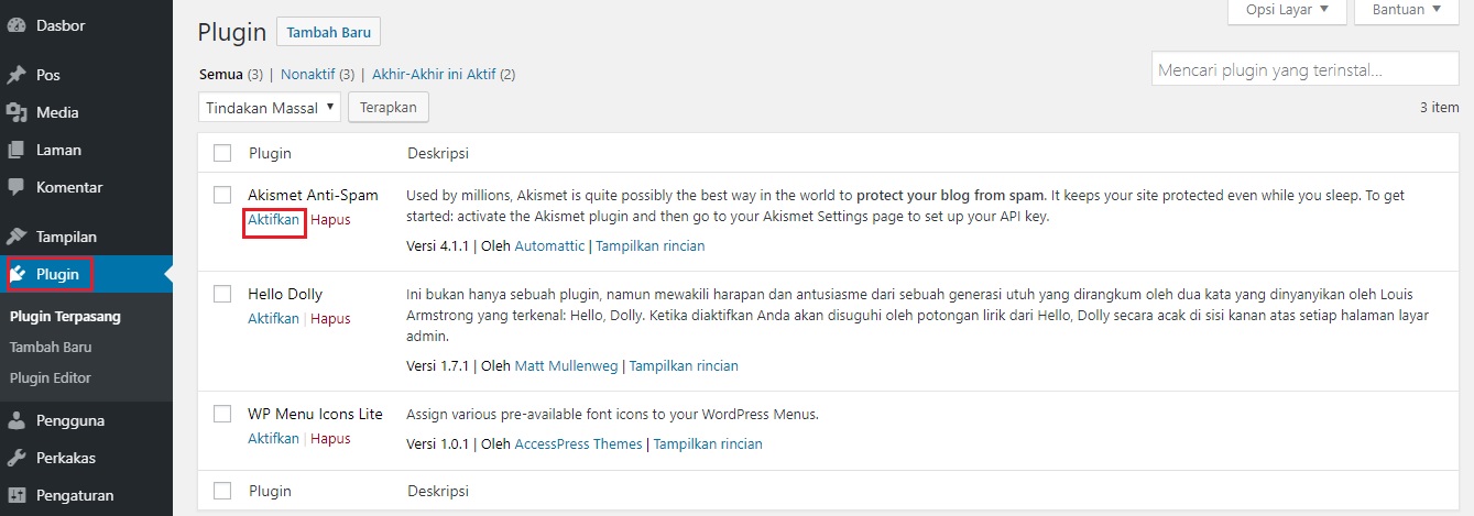 cara aktif wordpress