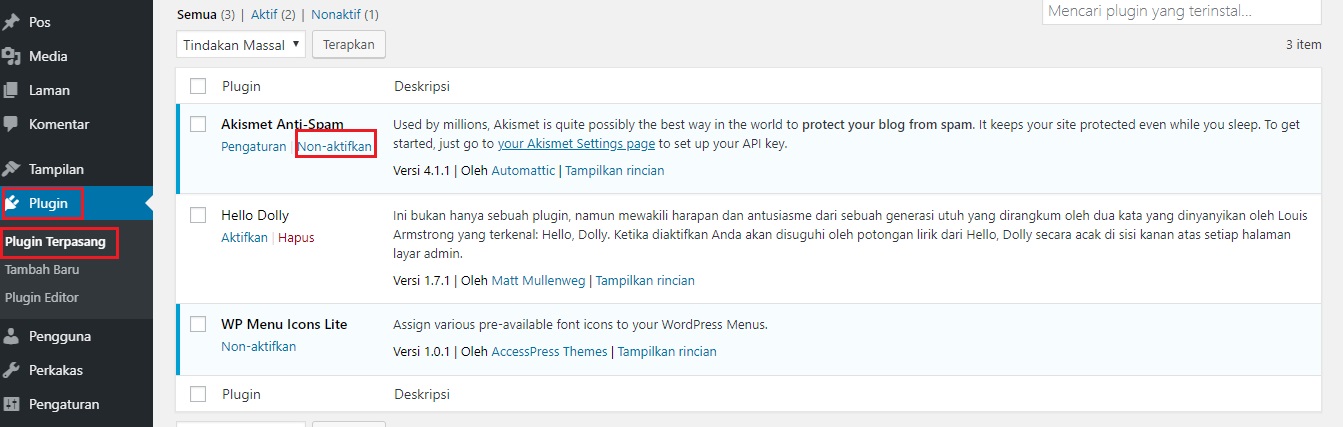 cara menonaktifkan wordpress plugin