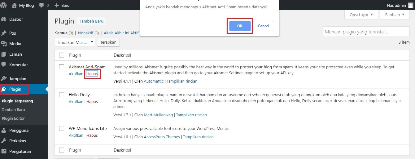 cara menghapus wordpress plugin