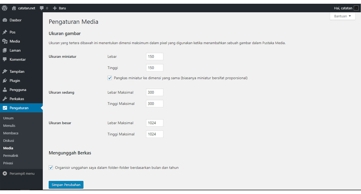 pengaturan media wordpress
